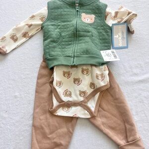 Carter's Green Quilted Vest & Bear Print 3-Piece Set